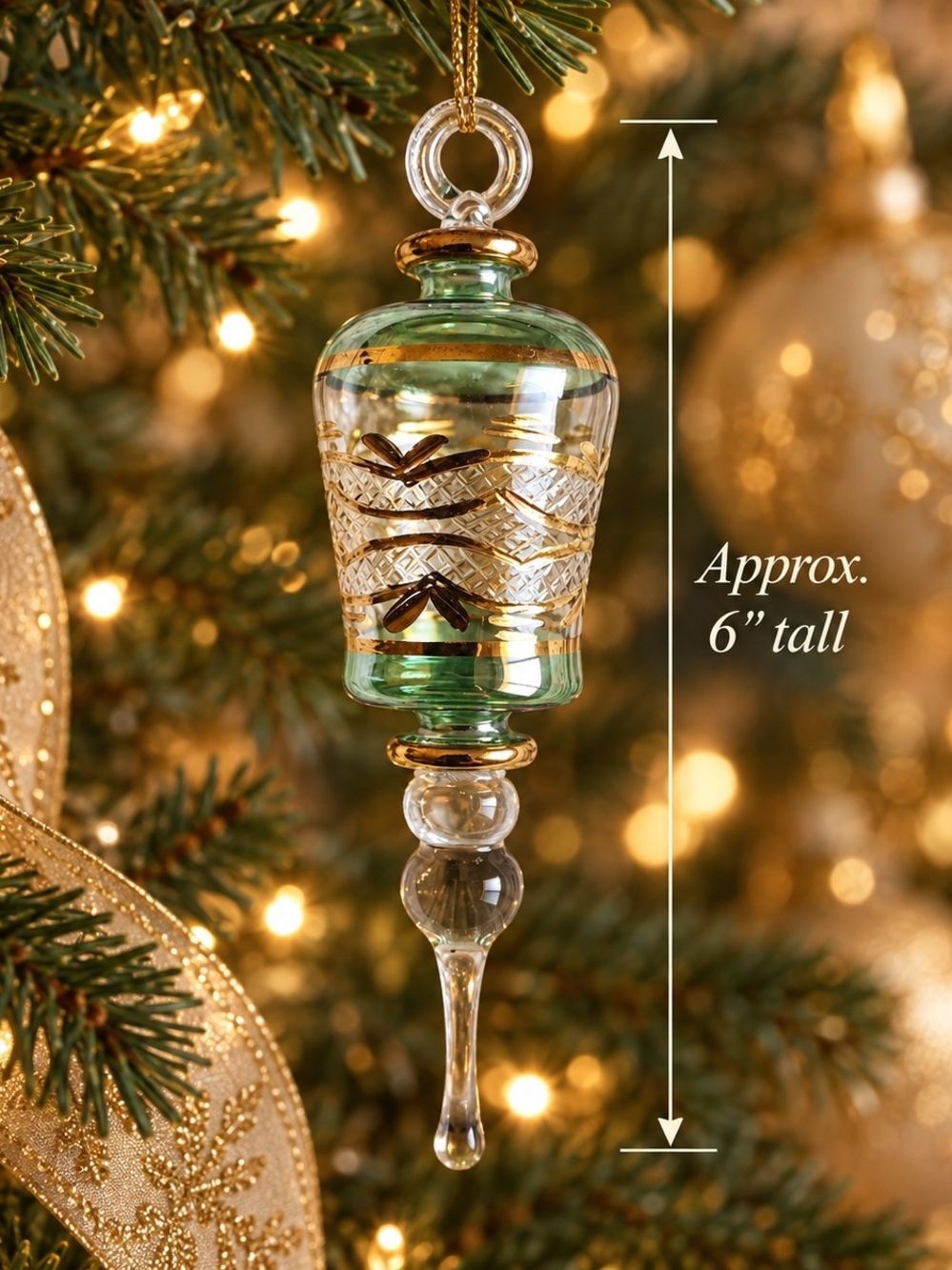 Hand Blown Egyptian Glass Christmas Ornament Green Gold Finial Handmade Egypt